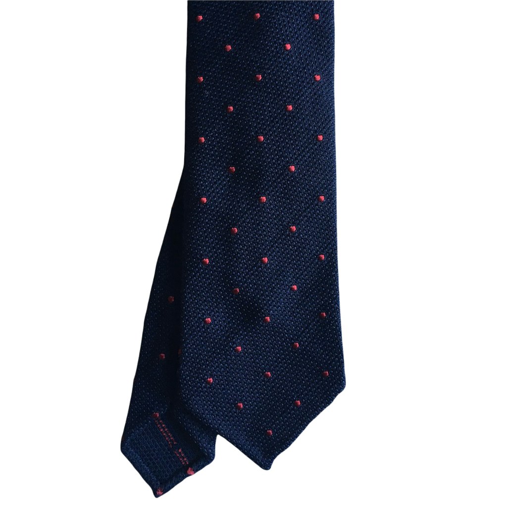 Polka Dot Wool Grenadine Tie - Untipped - Navy Blue/Red