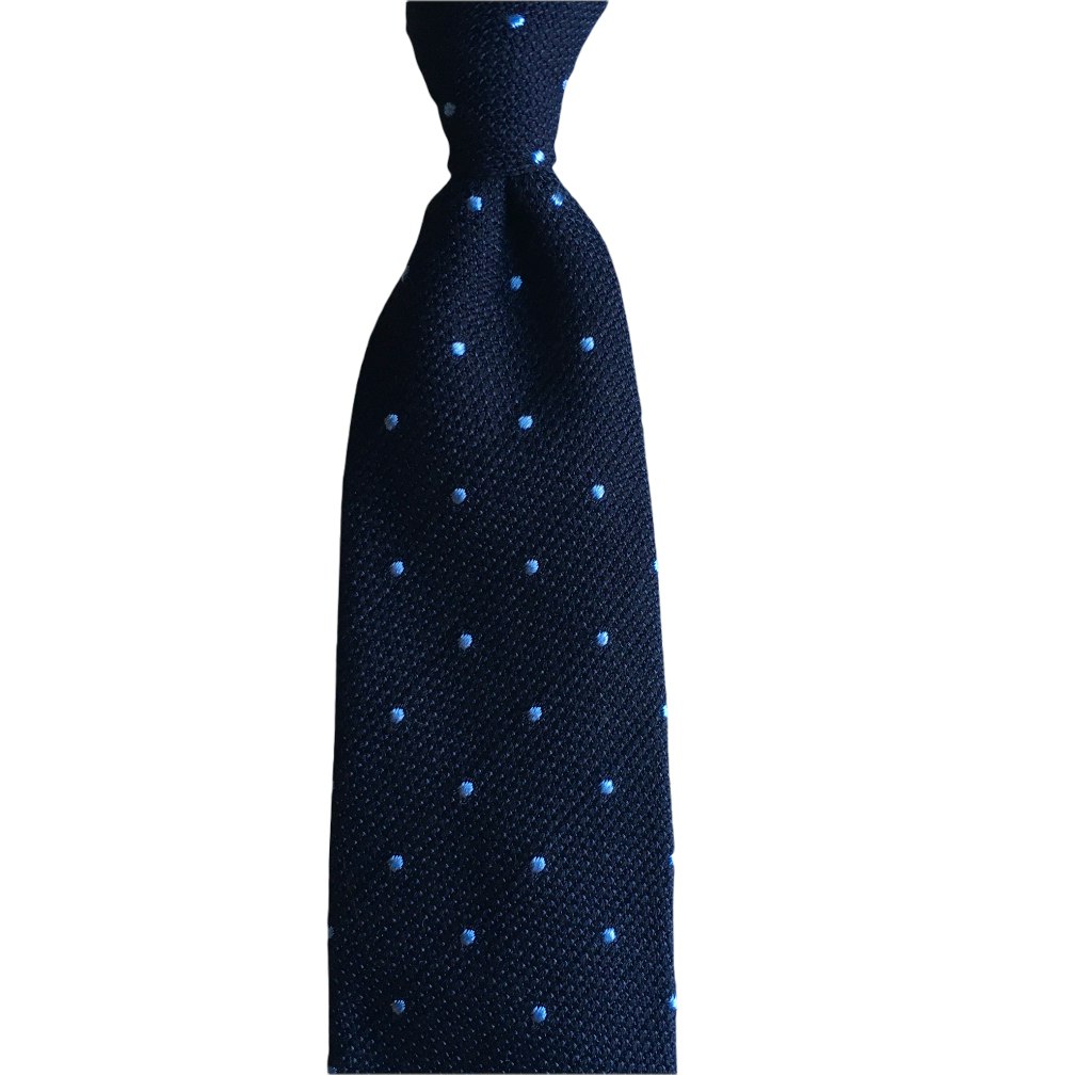 Polka Dot Wool Grenadine Tie - Untipped - Navy Blue/Light Blue