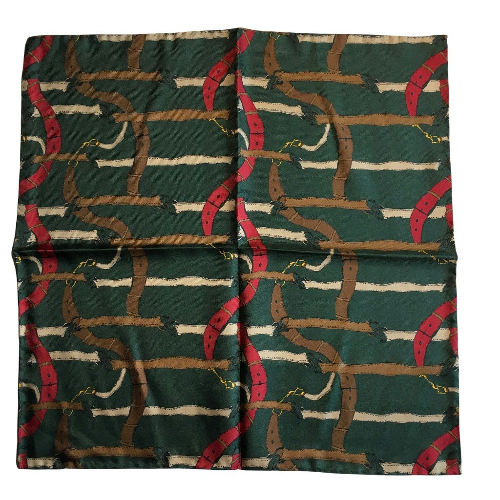 Braid Printed Silk Pocket Square - Dark Green/Brown/Red/Cream (40x40)