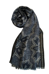 Oriental Printed Wool Scarf - Light Blue/Navy Blue/Brown/White