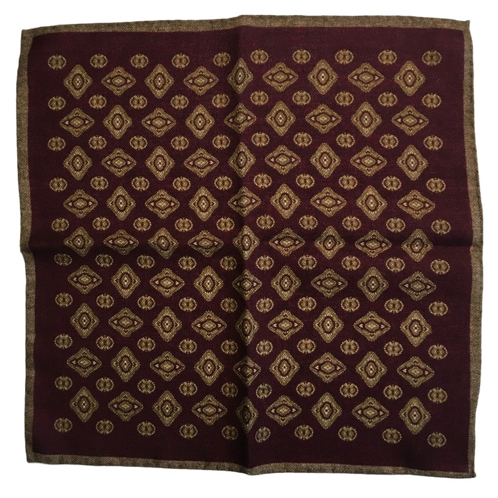 Medallion Wool Pocket Square - Burgundy/Brown