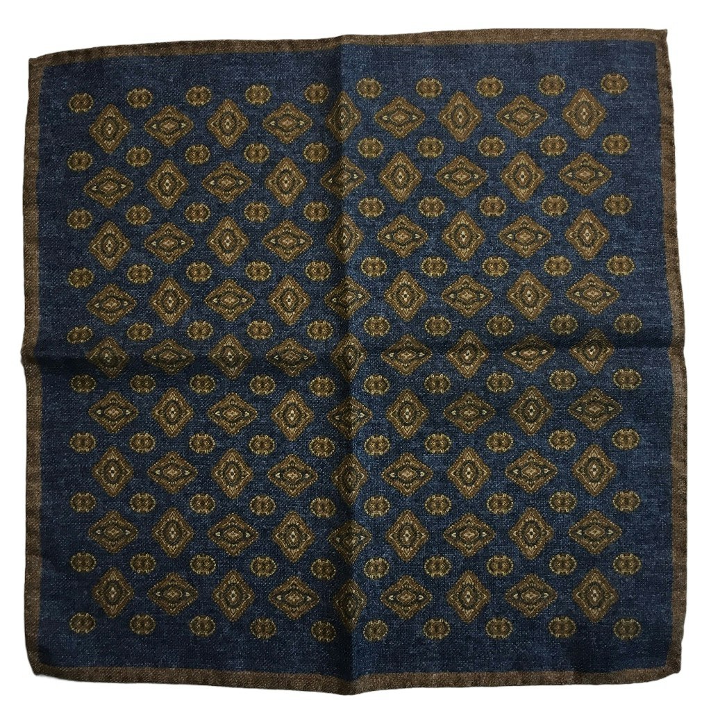 Medallion Wool Pocket Square - Light Navy Blue/Brown