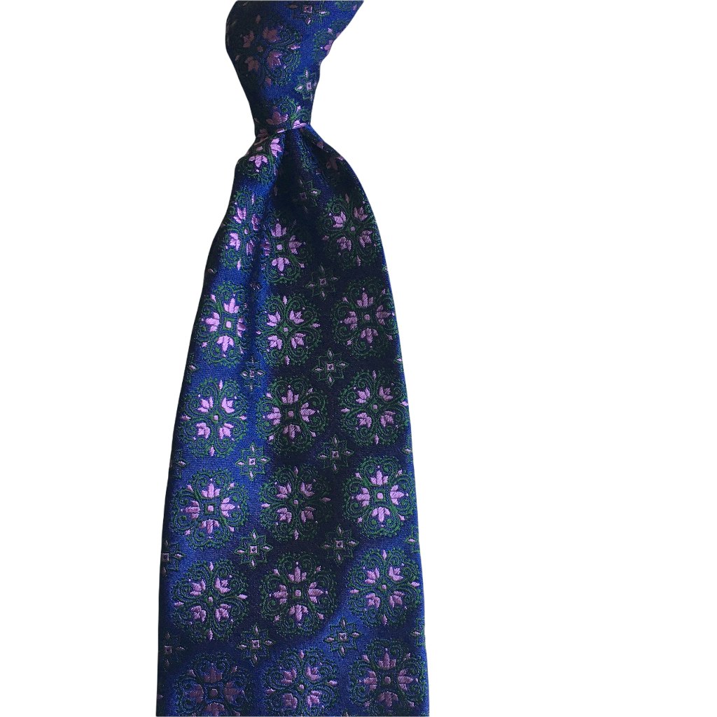 Medallion Silk Tie - Untipped - Navy Blue/Green/Pink