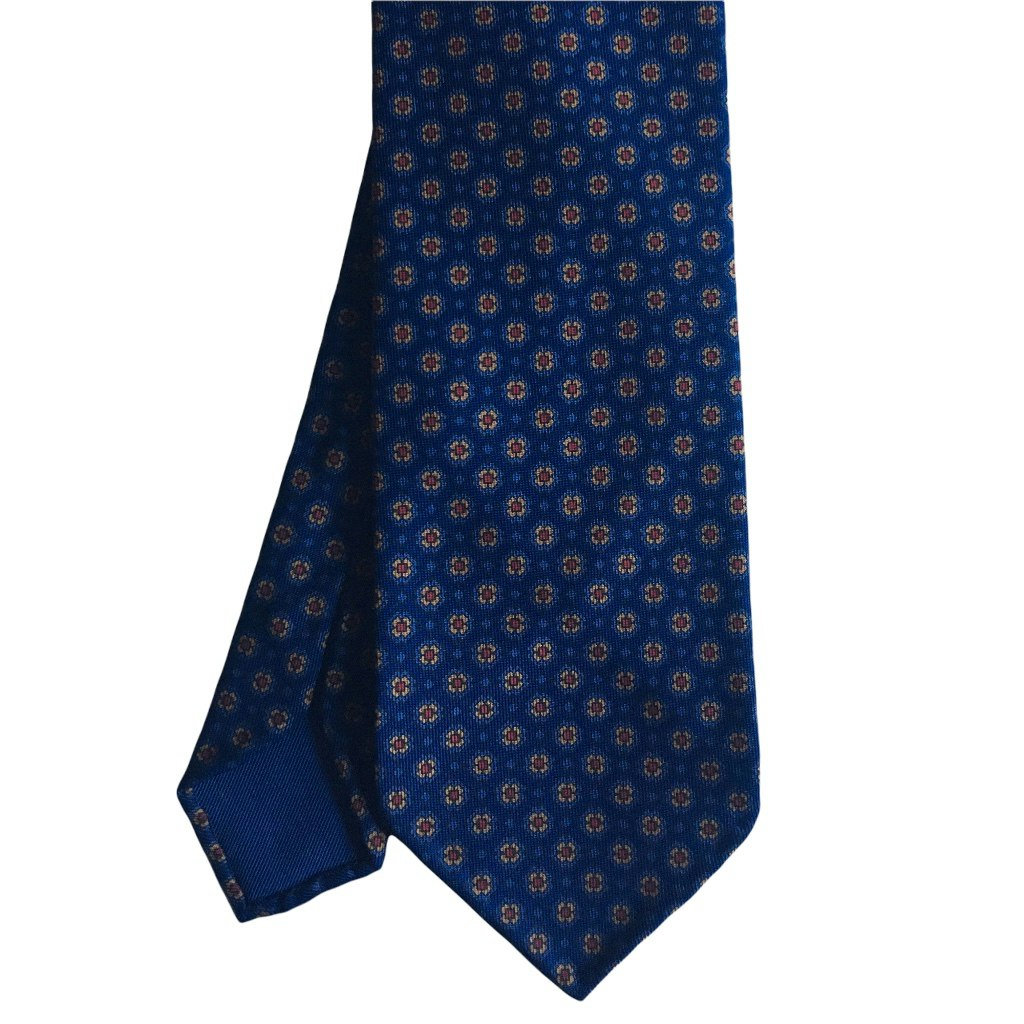 Floral Ancient Madder Silk Tie - Untipped - Navy Blue/Light Blue/Mustard/Burgundy