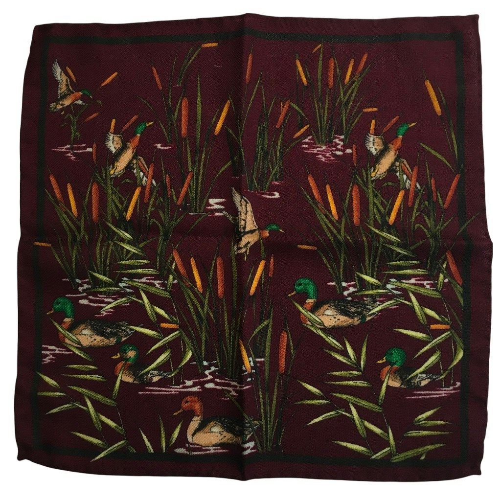 Ducks and Reed Wool Pocket Square - Burgundy