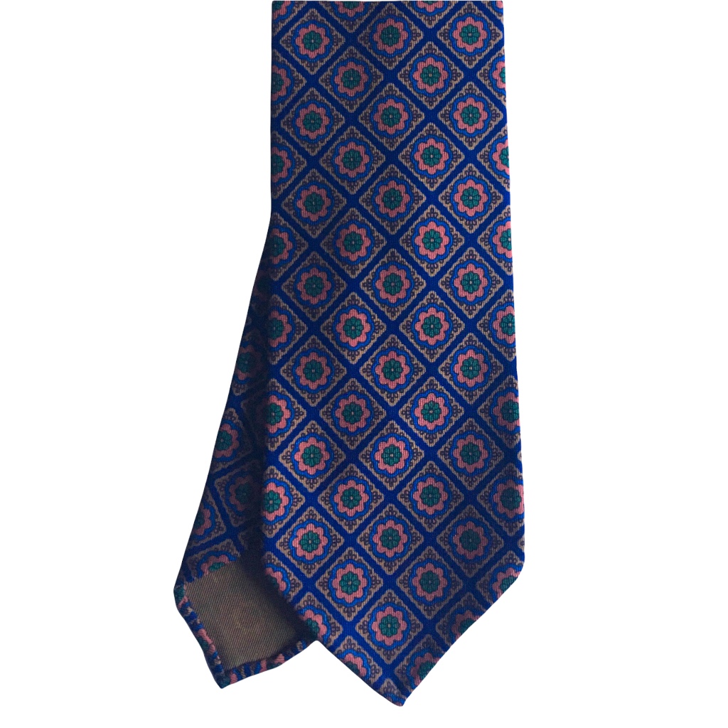 Medallion Ancient Madder Silk Tie - Untipped - Navy Blue/Beige/Orange/Green