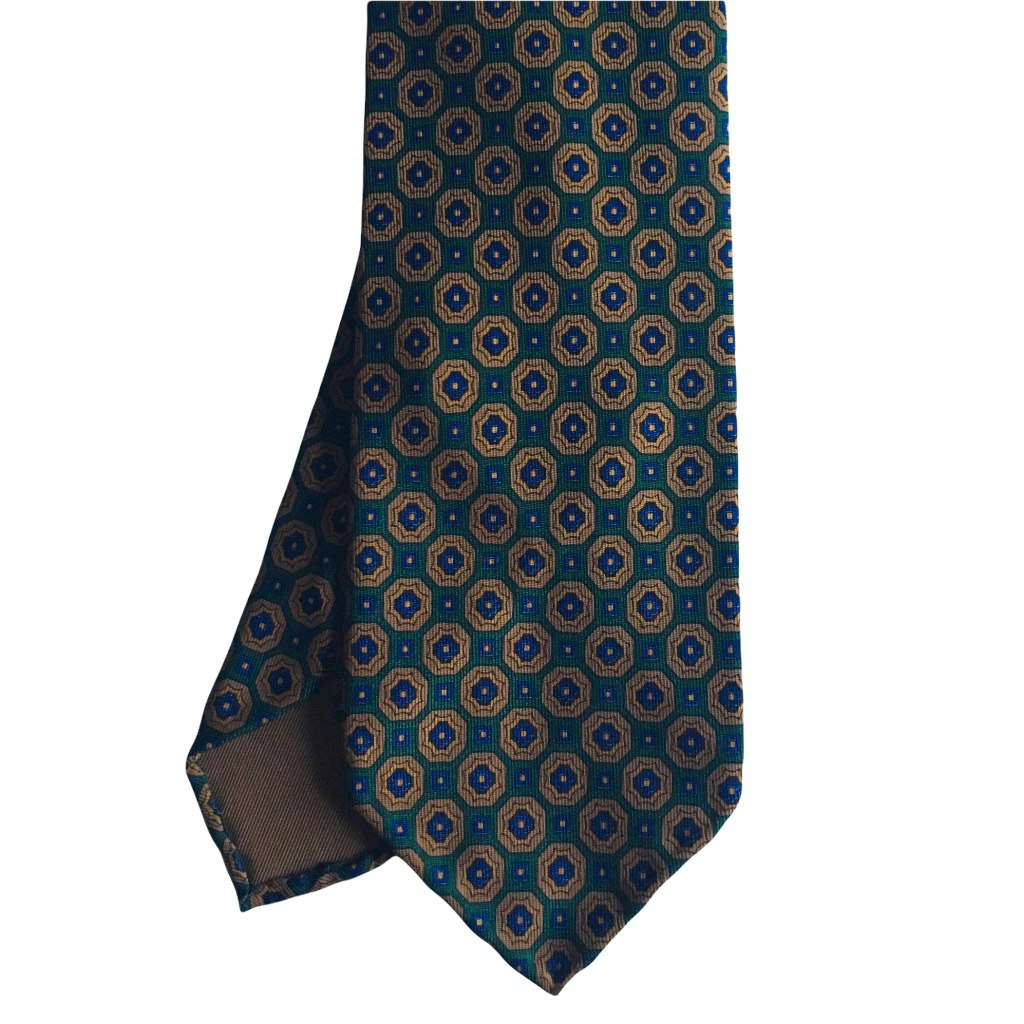 Small Medallion Ancient Madder Silk Tie - Untipped - Green/Navy Blue/Rust