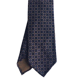 Small Medallion Ancient Madder Silk Tie - Untipped - Navy Blue/Beige/Mid Blue