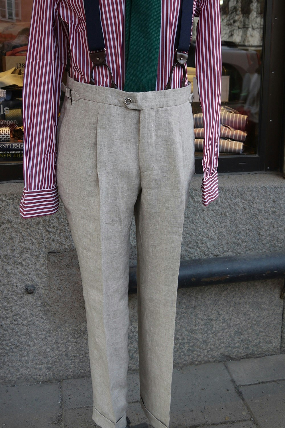Pinstripe poplin shirt with button down collar and linen trousers