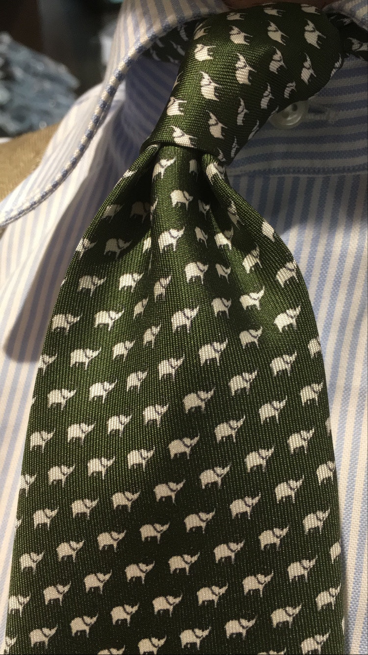 Elephant Printed Silk Tie - Olive Green/White