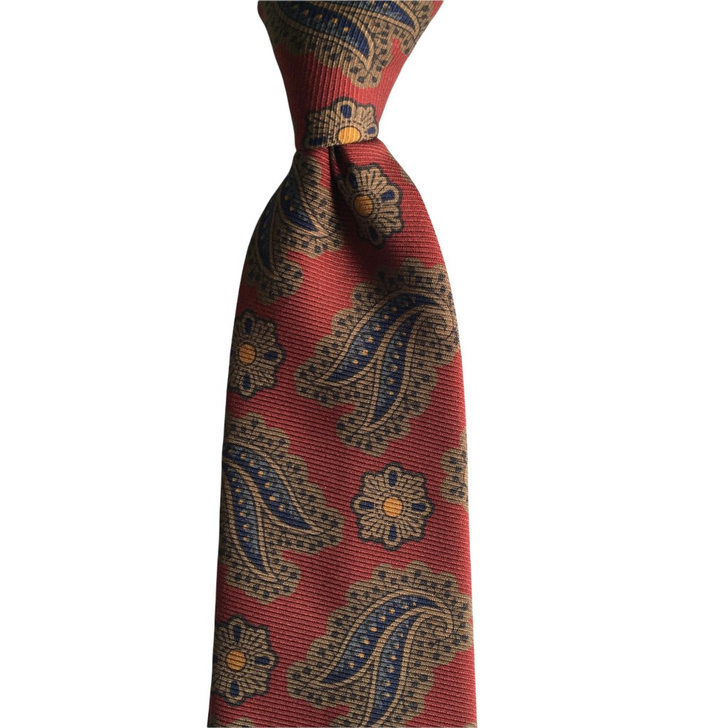 Paisley and Flowers Printed Silk Tie - Burgundy/Beige/Navy Blue/Orange