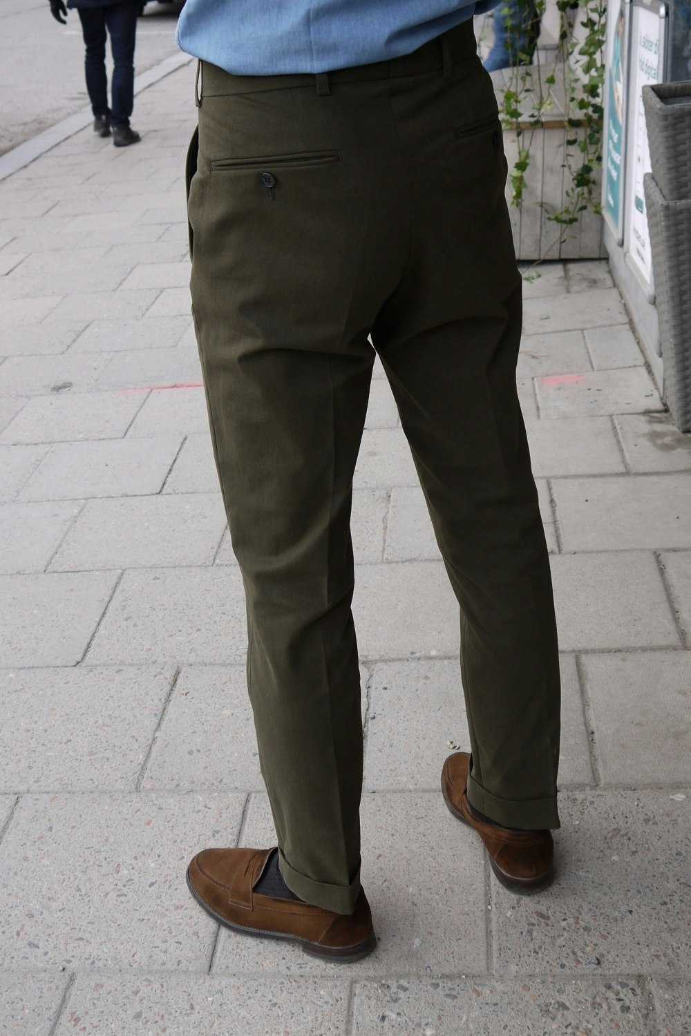 Solid Cotton Trousers - High Waist - Olive Green