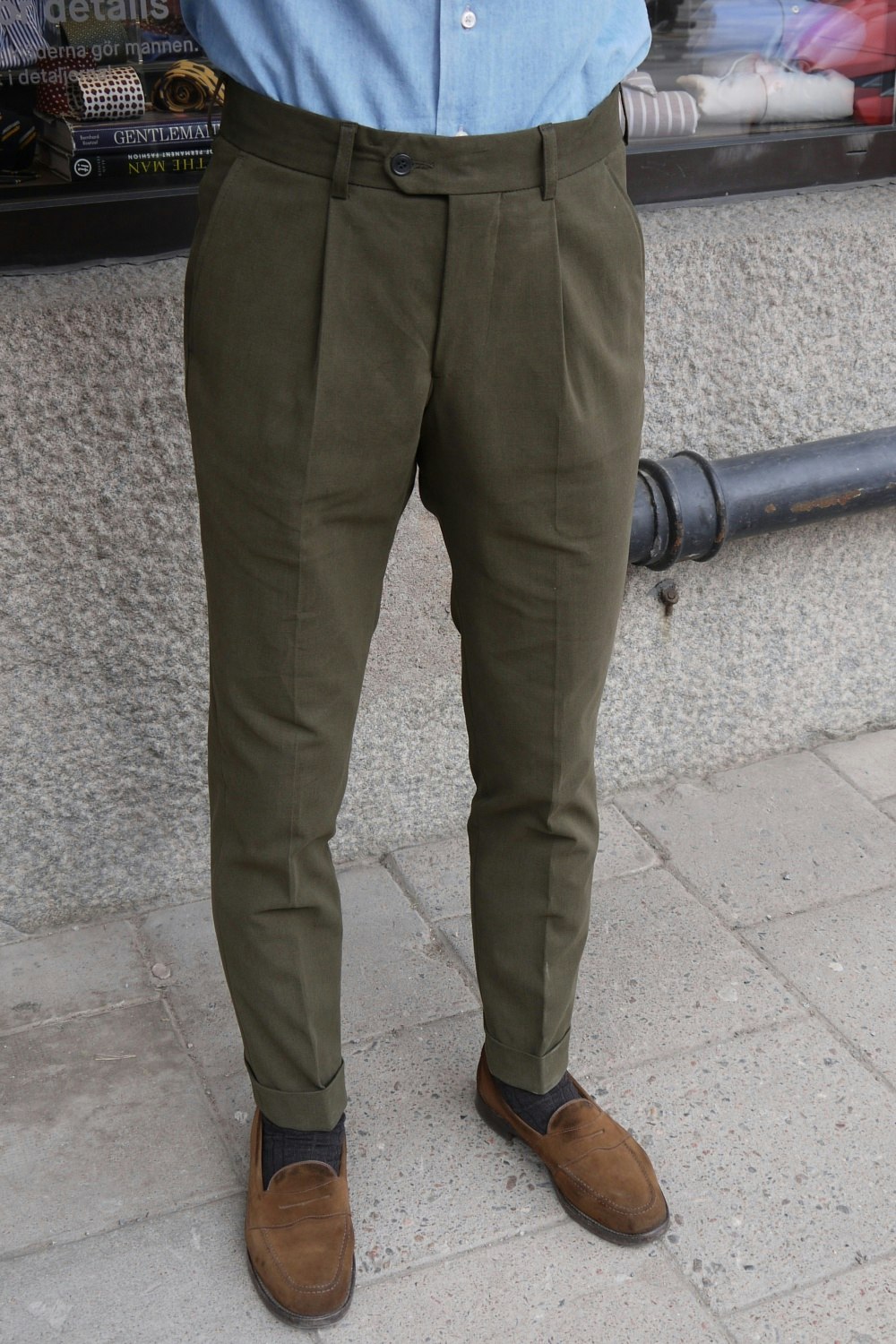 Solid Cotton Trousers - High Waist - Olive Green