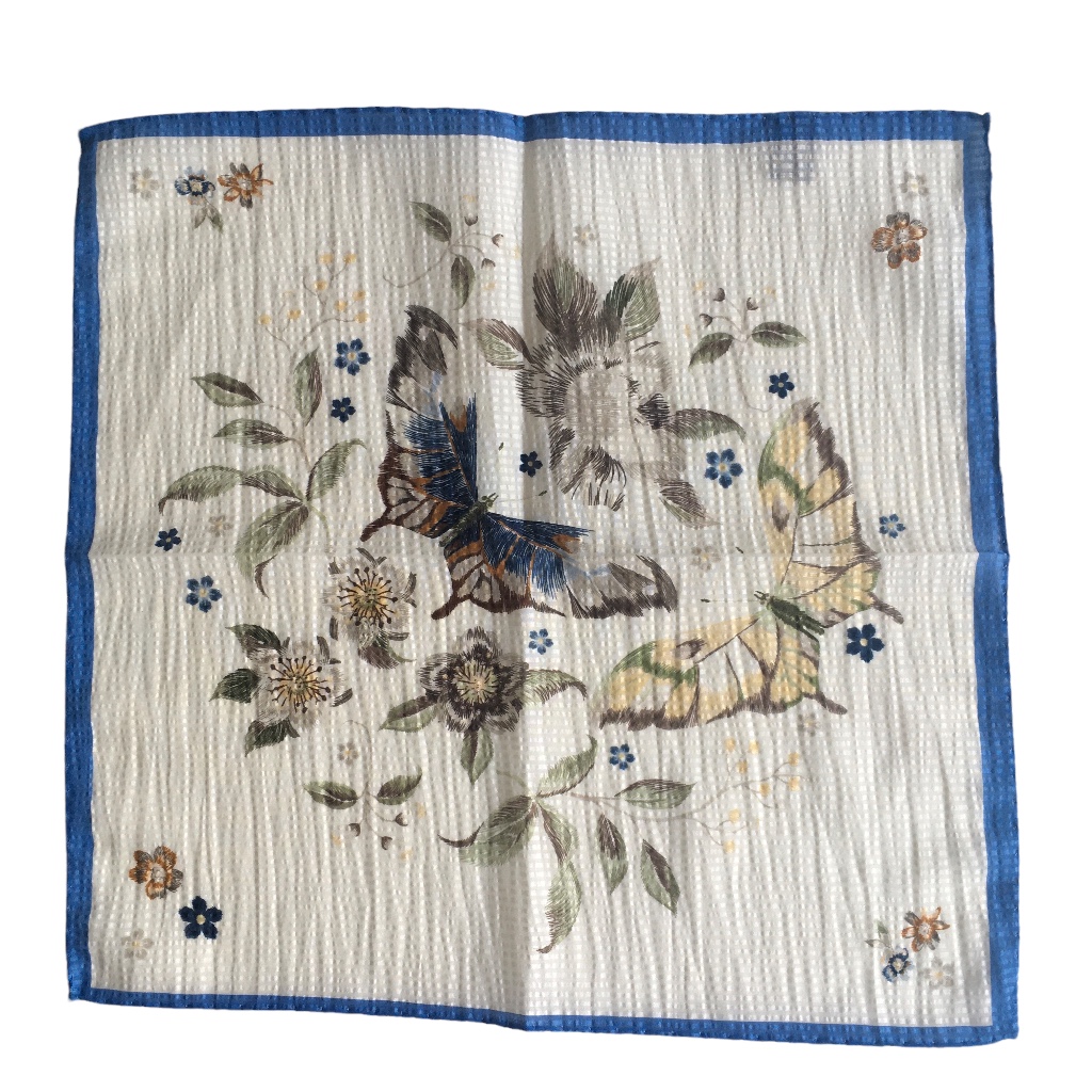 Farfalla Seersucker Cotton/Silk Pocket Square - Off White/Light Blue