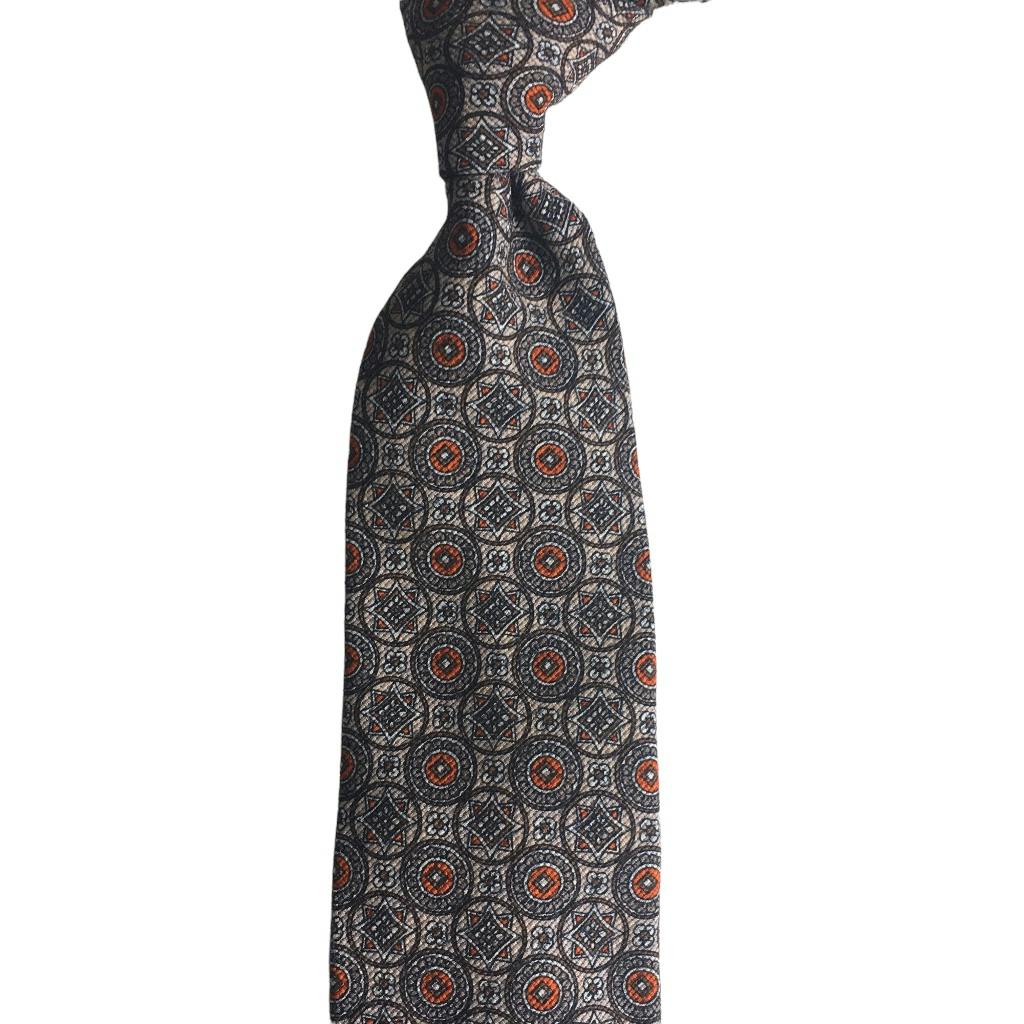 Medallion Printed Wool Tie - Untipped - Beige/Orange
