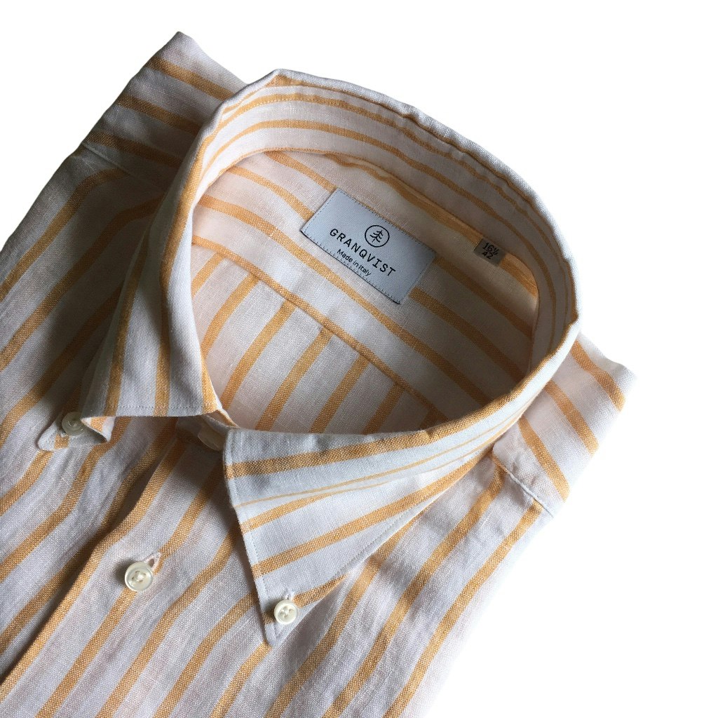 Pinstripe Linen Shirt - Button Down - White/Dark Yellow