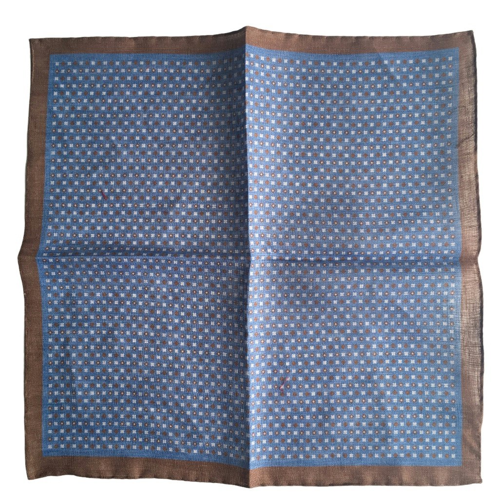 Small Floral Linen Pocket Square - Mid Navy Blue/Brown
