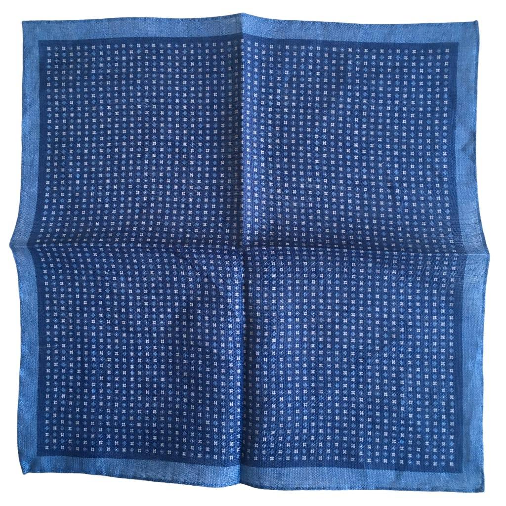 Small Floral Linen Pocket Square -Navy Blue/Light Blue