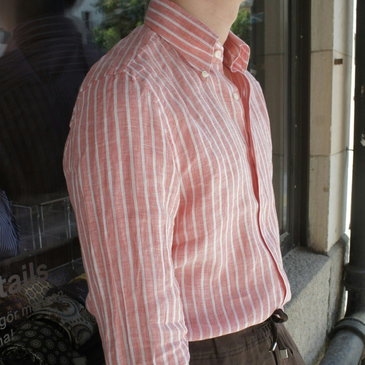 Pinstripe Linen Shirt - Button Down - Coral/White