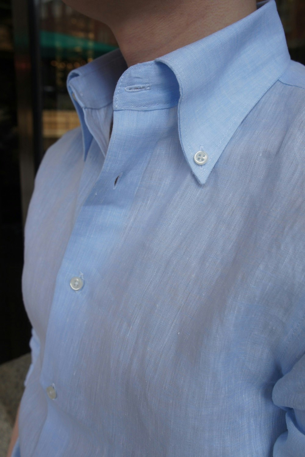 Enfärgad Linneskjorta - Button Down - Ljusblå