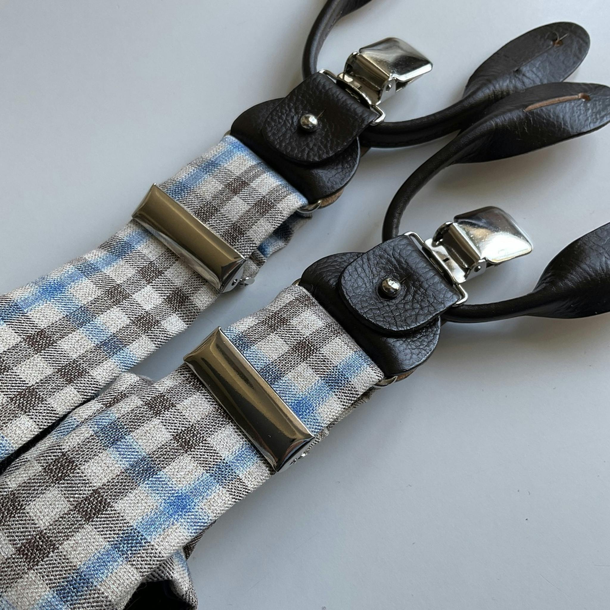 Plaide Cotton/Wool/Silk Suspenders - Beige/Brown/Blue