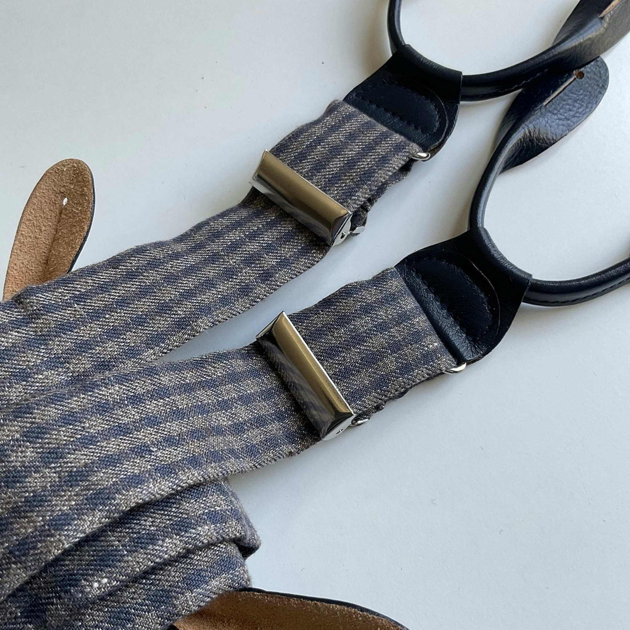 Check Linen Suspenders - Brown/Navy Blue
