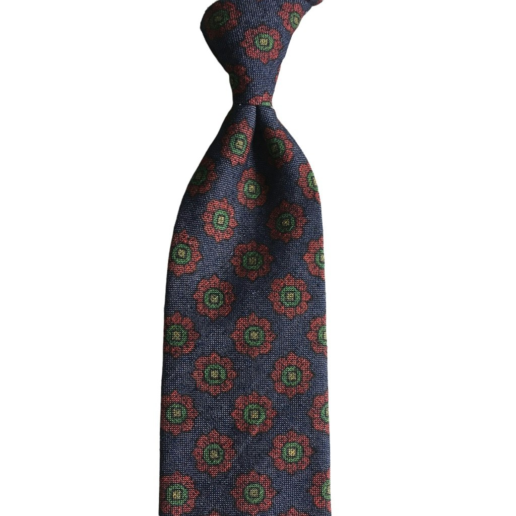 Large Floral Printed Wool Tie - Untipped - Navy Blue/Burgundy/Green