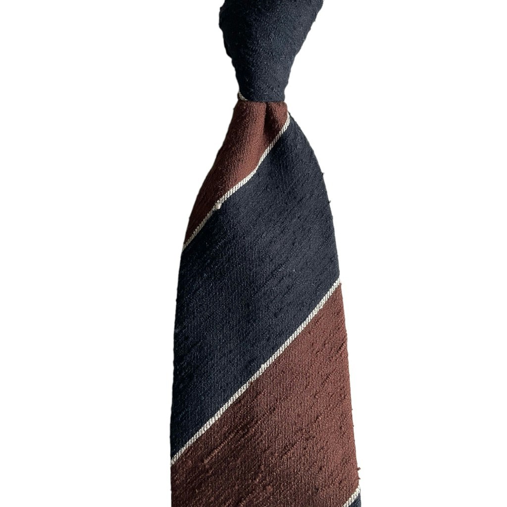 Blockstripe Shantung Tie - Untipped - Brown/White/Navy Blue