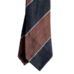 Blockstripe Shantung Tie - Untipped - Brown/White/Navy Blue
