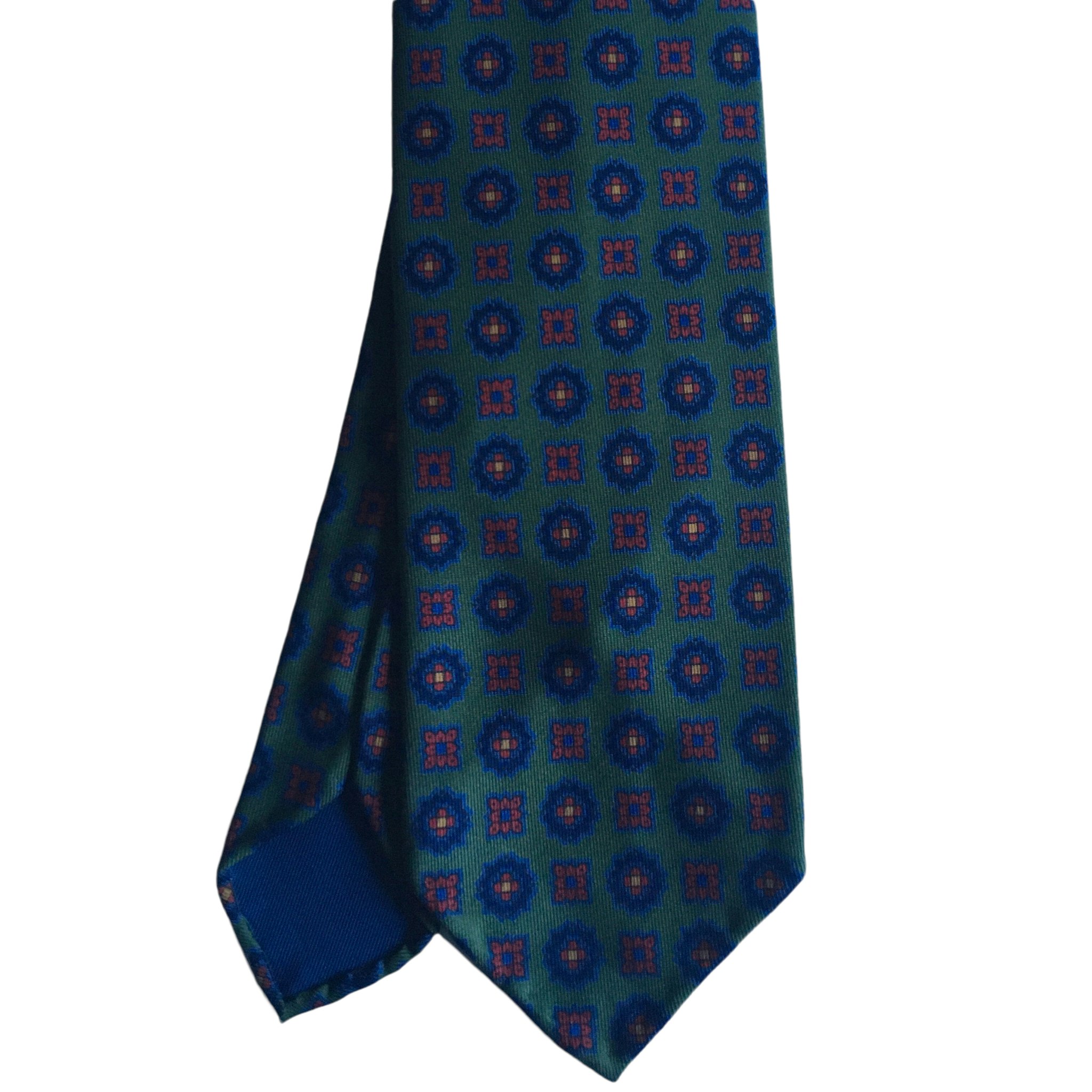 Medallion Ancient Madder Silk Tie - Untipped - Green/Navy Blue/Rust