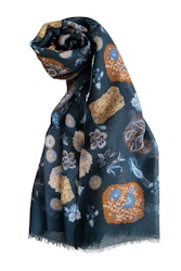 Printed Flowers Wool Scarf - Navy Blue