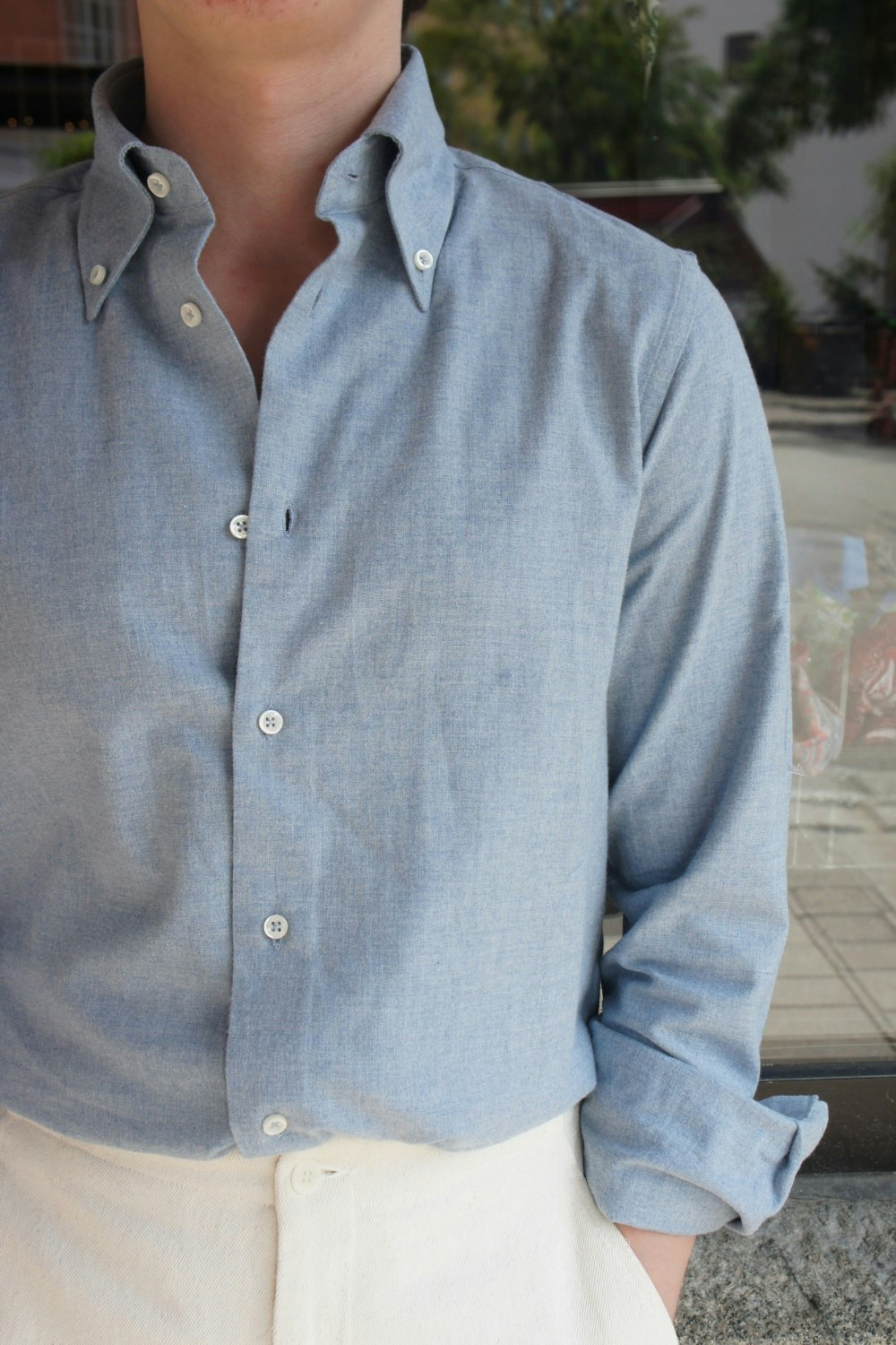 Solid Cotton Flannel Shirt - Button Down - Light Blue
