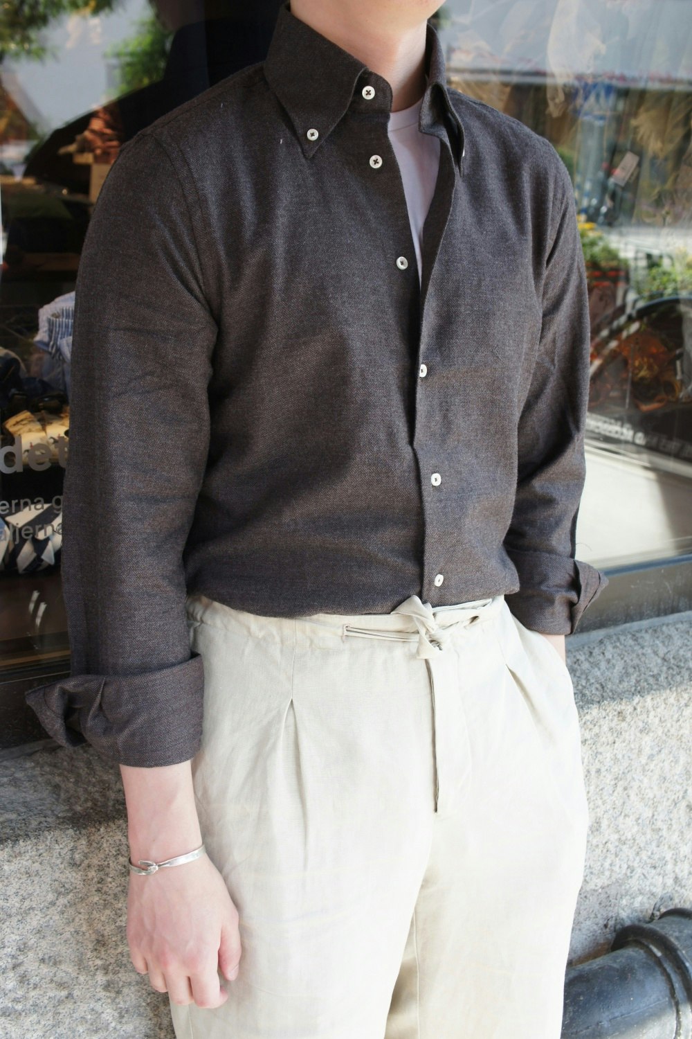 Solid Herringbone Flannel Shirt - Button Down - Brown/Grey