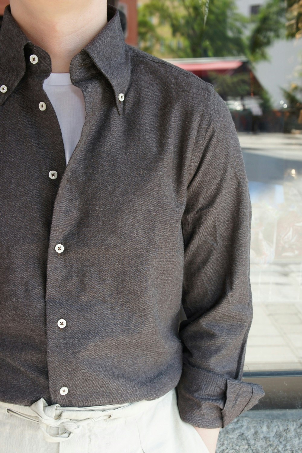 Solid Herringbone Flannel Shirt - Button Down - Brown/Grey