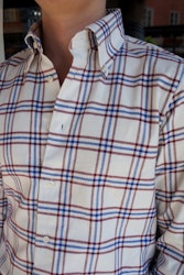 Large Check Flannel Shirt - Button Down - White/Wine Red/Blue