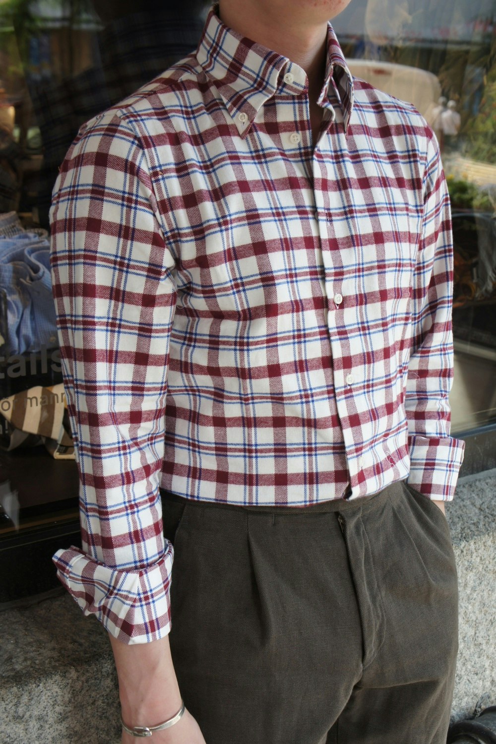 Check Flannel Shirt - Button Down - Dark Red/White/Blue