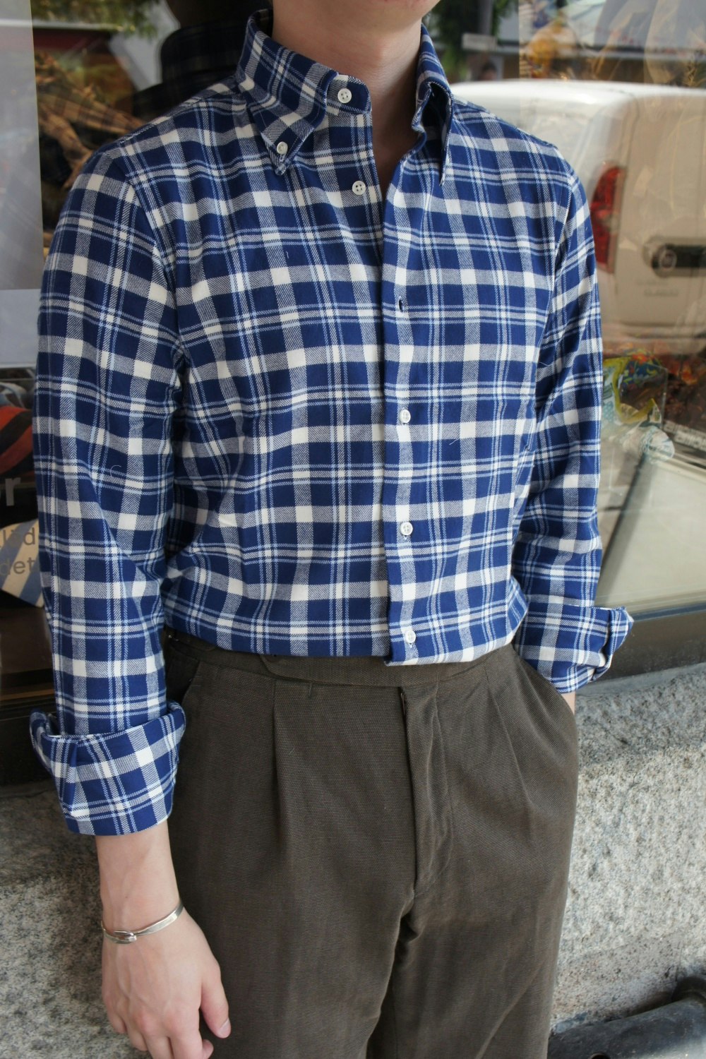 Rutig Flanellskjorta - Button Down - Mörkblå/Vit