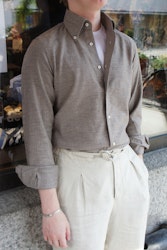 Herringbone Cotton Flannel Shirt - Button Down - Brown/Beige