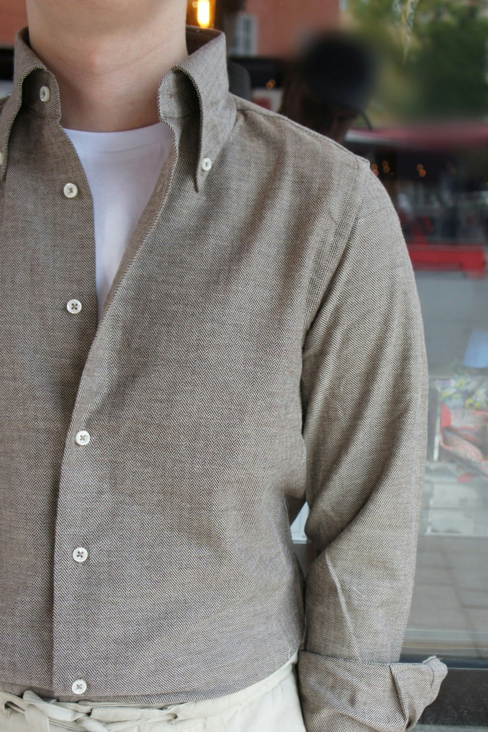 Herringbone Cotton Flannel Shirt - Button Down - Brown/Beige