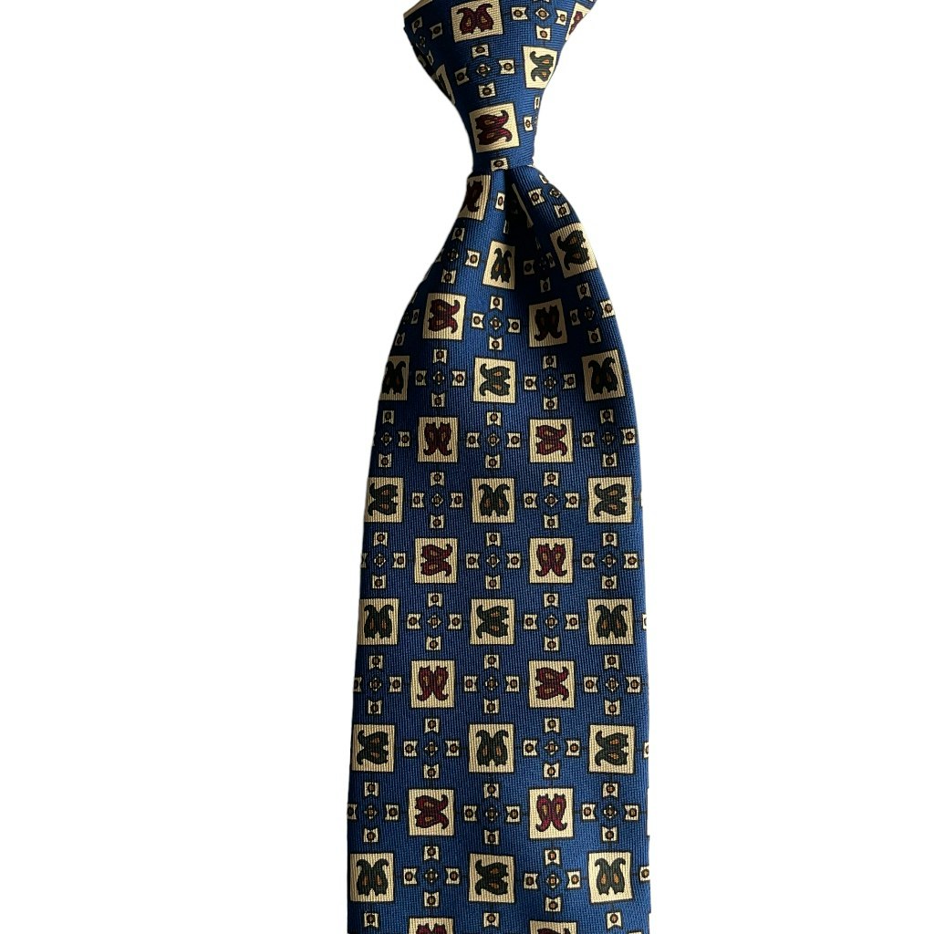 Paisley Printed Silk Tie - Untipped - Mid Navy Blue/Cream