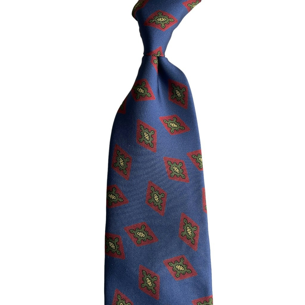 Diamond Printed Silk Tie - Untipped - Navy Blue/Burgundy/Green