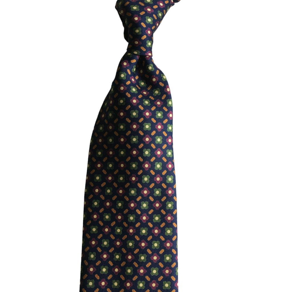 Floral Printed Silk Tie - Untipped - Navy Blue/Green/Purple