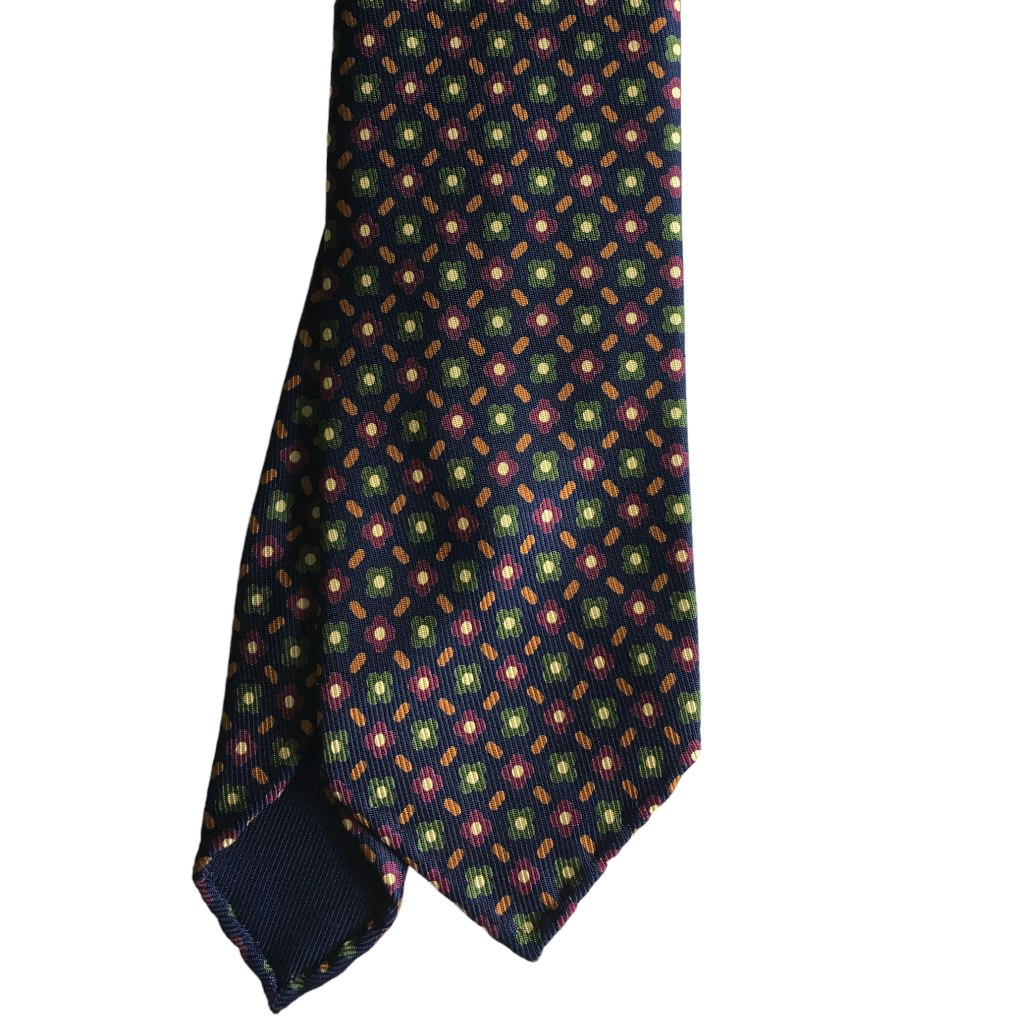 Floral Printed Silk Tie - Untipped - Navy Blue/Green/Purple