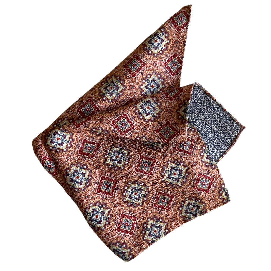 Medallion/Floral Textured Silk Pocket Square - Pink/Orange/Navy Blue