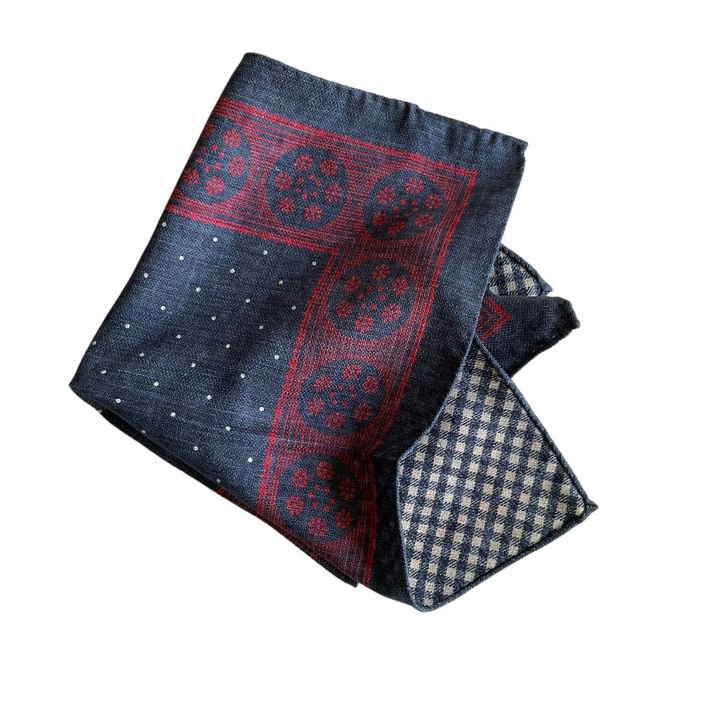 Medallion/Check Textured Silk Pocket Square - Navy Blue/Red