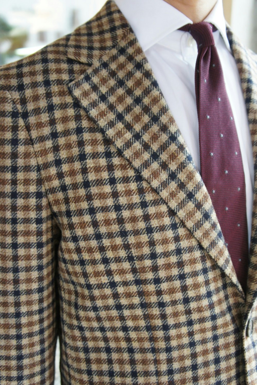 Check Wool/Cashmere Jacket - Unlined - Light Brown/Navy Blue/Brown (Size 48 left!)