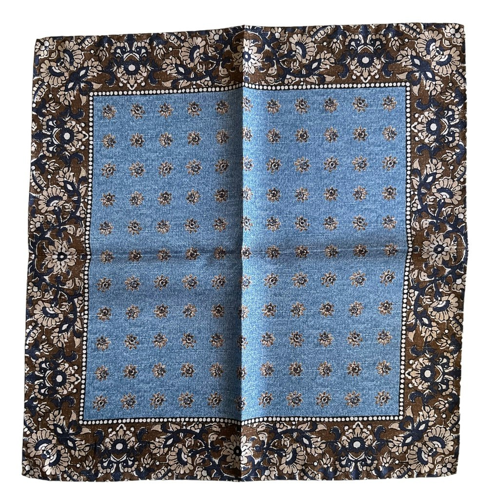 Floral Silk Pocket Square - Light Blue/Brown