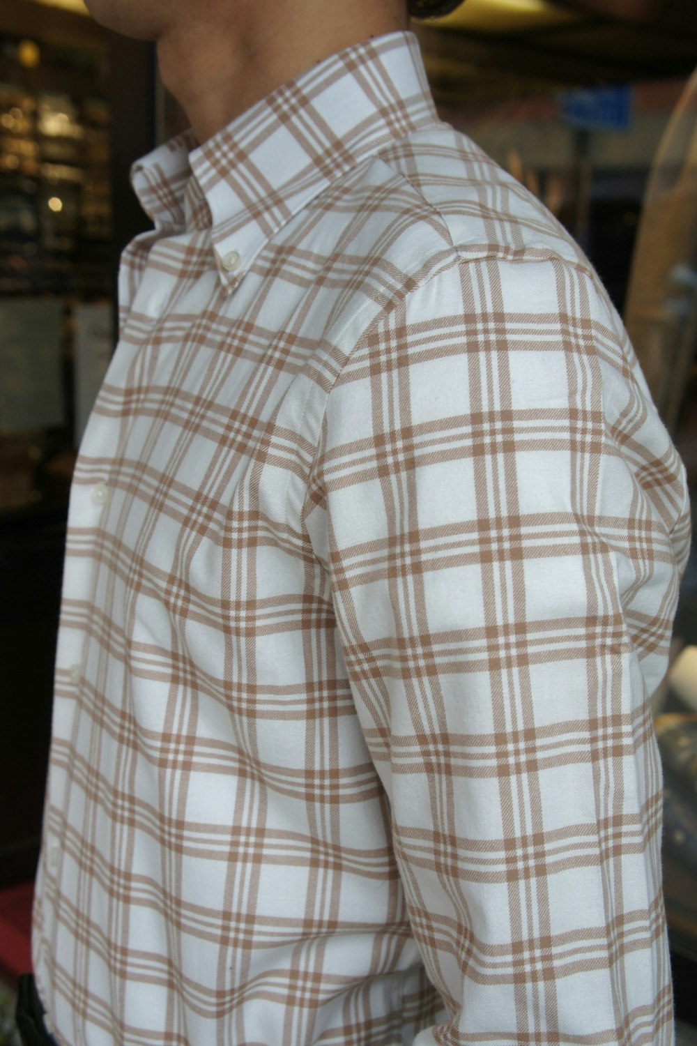 Large Check Flannel Shirt - Button Down - Light Brown/White