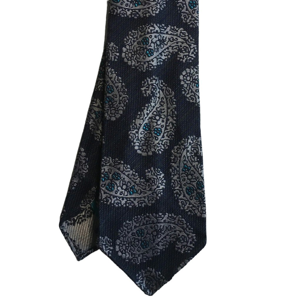 Paisley Silk Tie - Untipped - Navy Blue/White/Turquoise