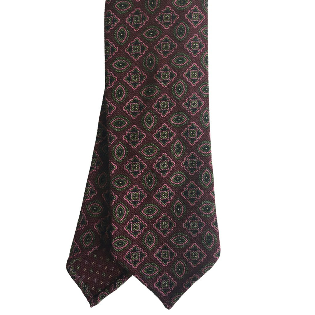 Medallion Printed Wool Tie - Untipped - Burgundy/Green/Pink